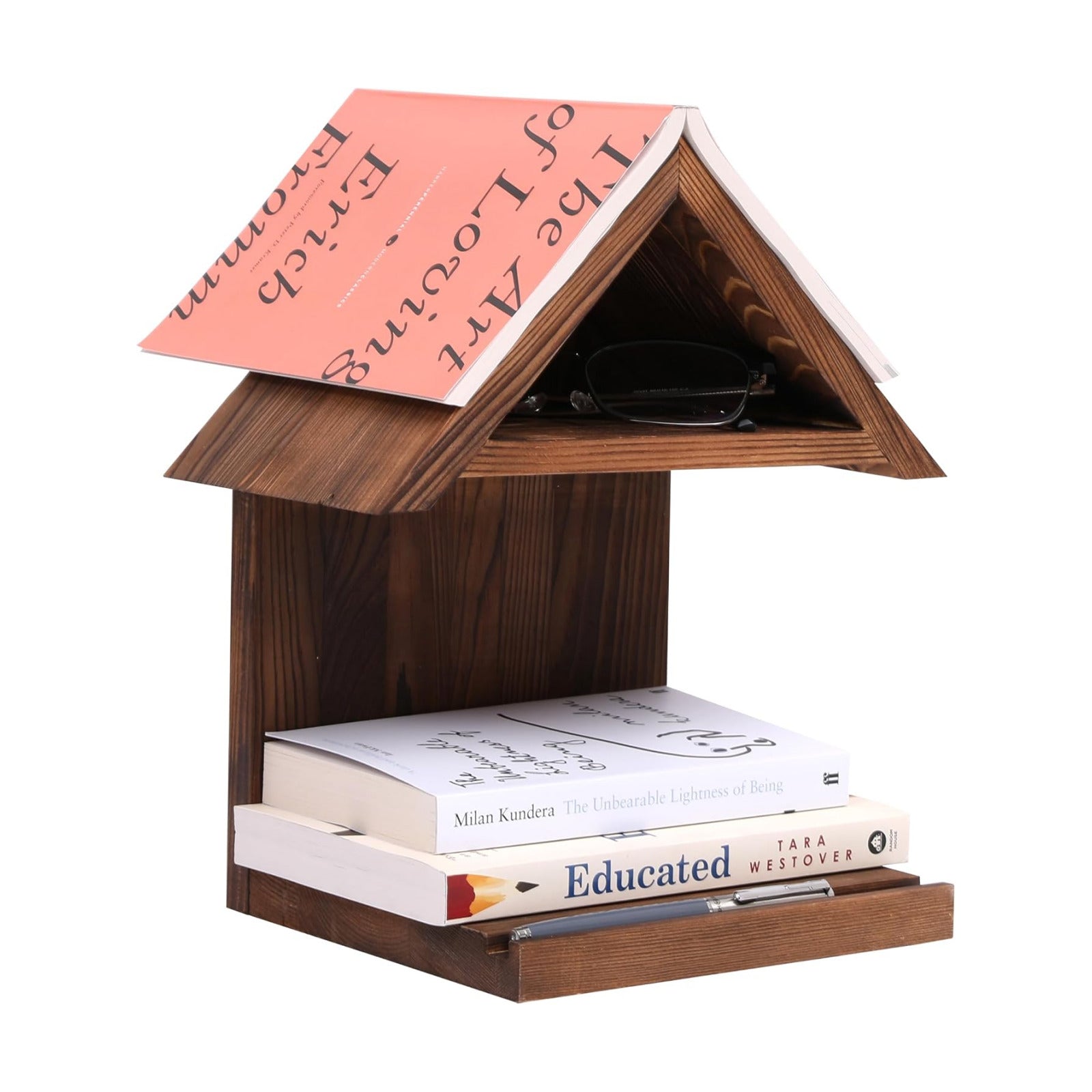 Floating Bedside Wood Bookshelf, Triangle Book Page Holder, Wooden Simple Bookcase for Bedroom Nightstand Library
