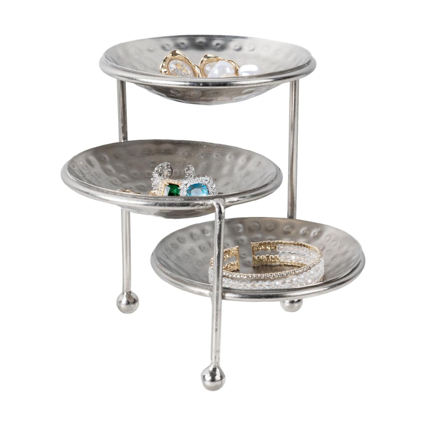 Hammered Silver Metal Dishes and Stand / Silver, 3 Tier / 4 Inch
