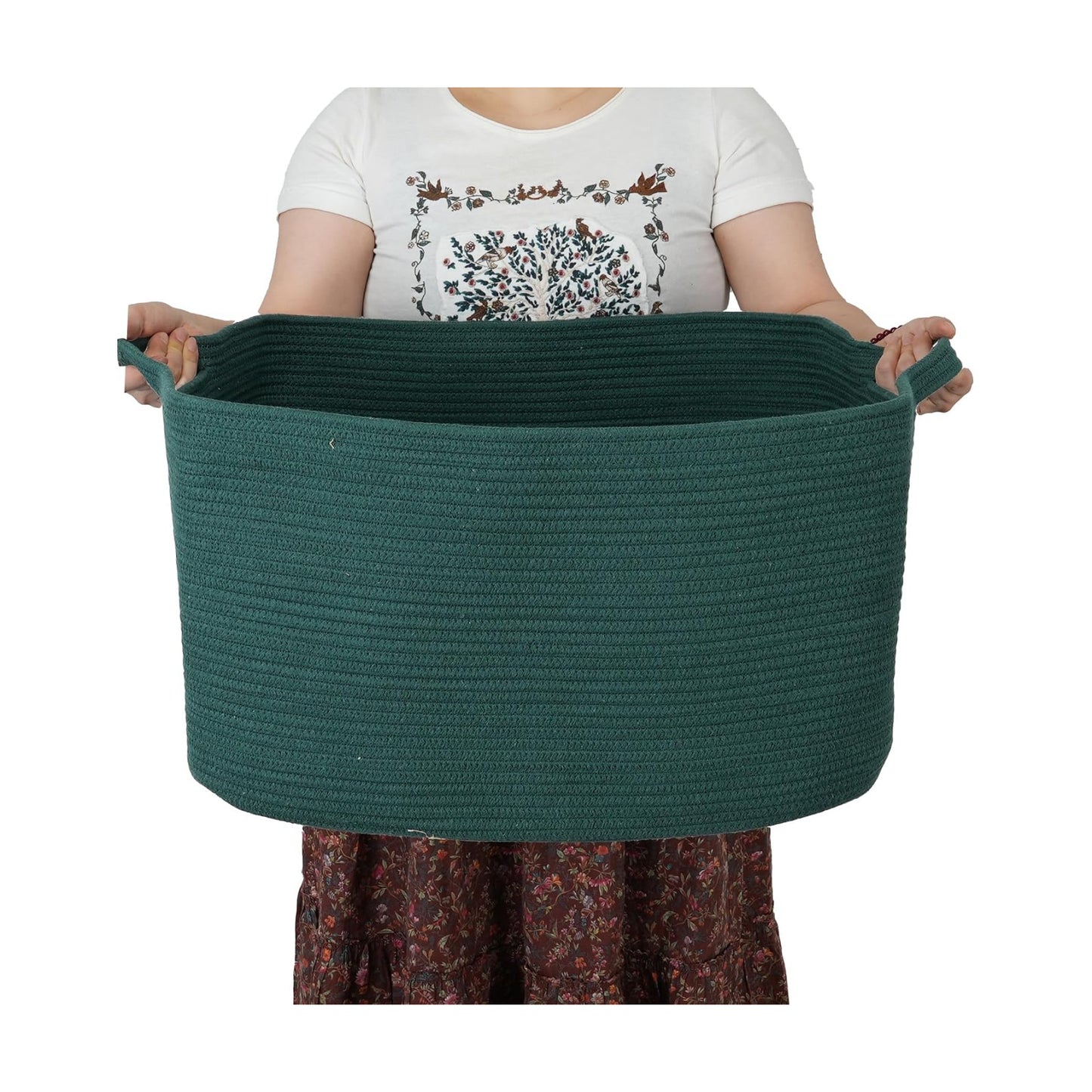 Large Rectangle Blankets Basket Living Room " Woven Cotton Rope Storage / Dark Green / 22 x 17 x 12