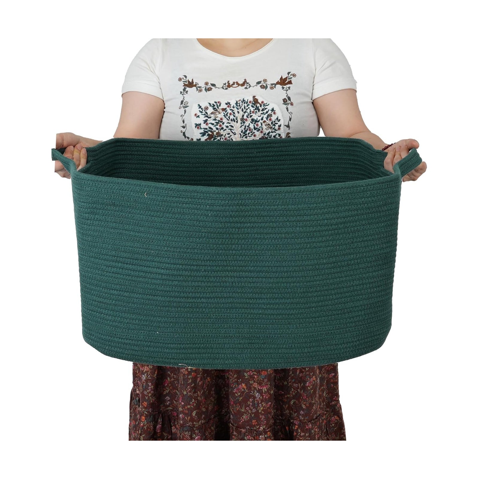 Large Rectangle Blankets Basket Living Room " Woven Cotton Rope Storage / Dark Green / 22 x 17 x 12