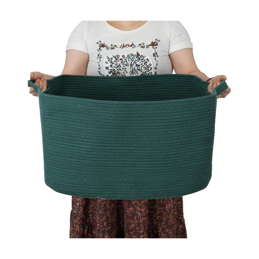 Large Rectangle Blankets Basket Living Room " Woven Cotton Rope Storage / Dark Green / 22 x 17 x 12