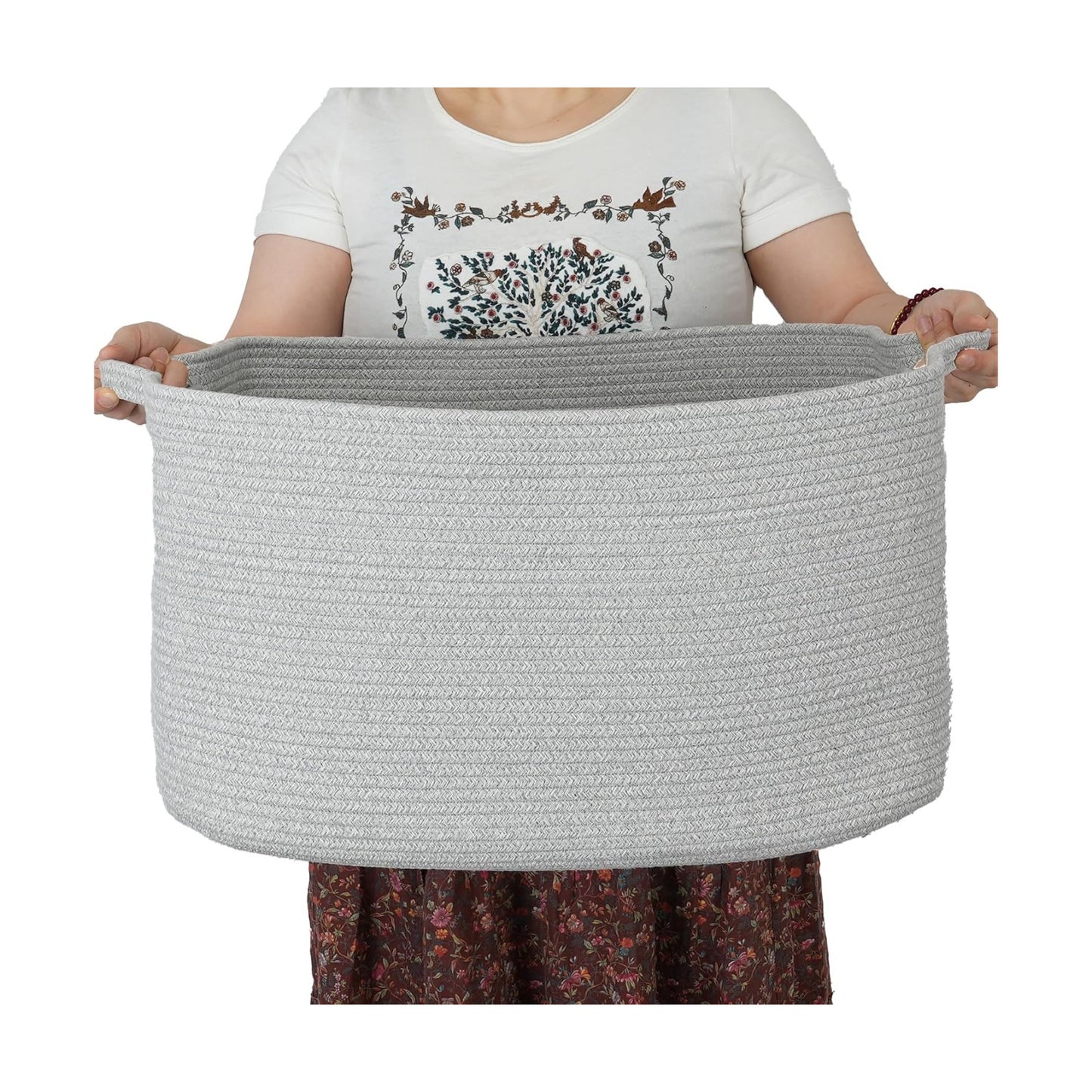 Large Rectangle Blankets Basket Living Room " Woven Cotton Rope Storage / Grey / 22 x 17 x 12
