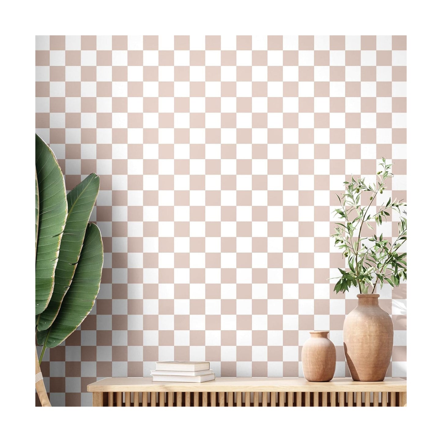 Neutral Checkered Peel and Stick Wallpaper Gingham Plaid Funky / 15.75'' x 118 / Light Brown