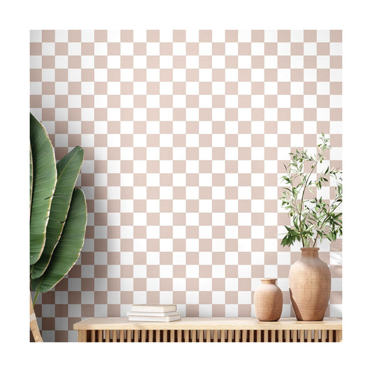 Neutral Checkered Peel and Stick Wallpaper Gingham Plaid Funky / 15.75'' x 118 / Light Brown