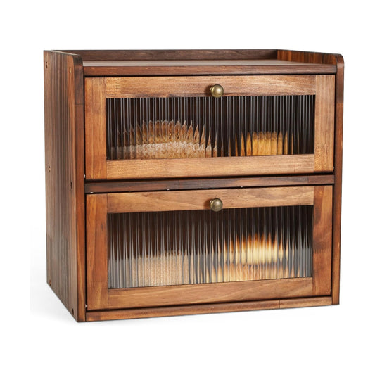 Ciilee Baby Bread Box for Kitchen Countertop, Large Wooden Breadbox, Brown | Vintage Double Layer Bread Bin with Air