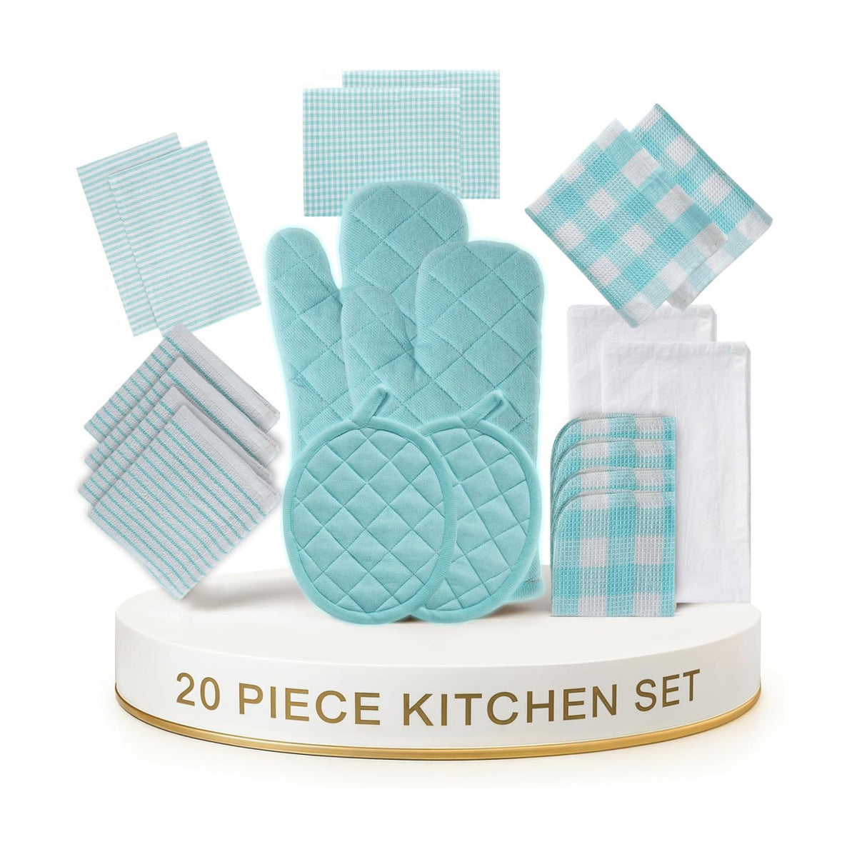 LANE LINEN Kitchen Towels and Dishcloths Sets - 20Pc Kitchen Towel Set, 350 Degree Heat Resistant Oven Mitts & Pot Holder, Reusable Absorbent Dish Cloths for Washing Dishes - Aqua