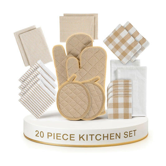 LANE LINEN 20 Piece Kitchen Linen Set - Soft Absorbent Cotton Dish Towels, Reusable Terry Dish Cloths, Flour Sack