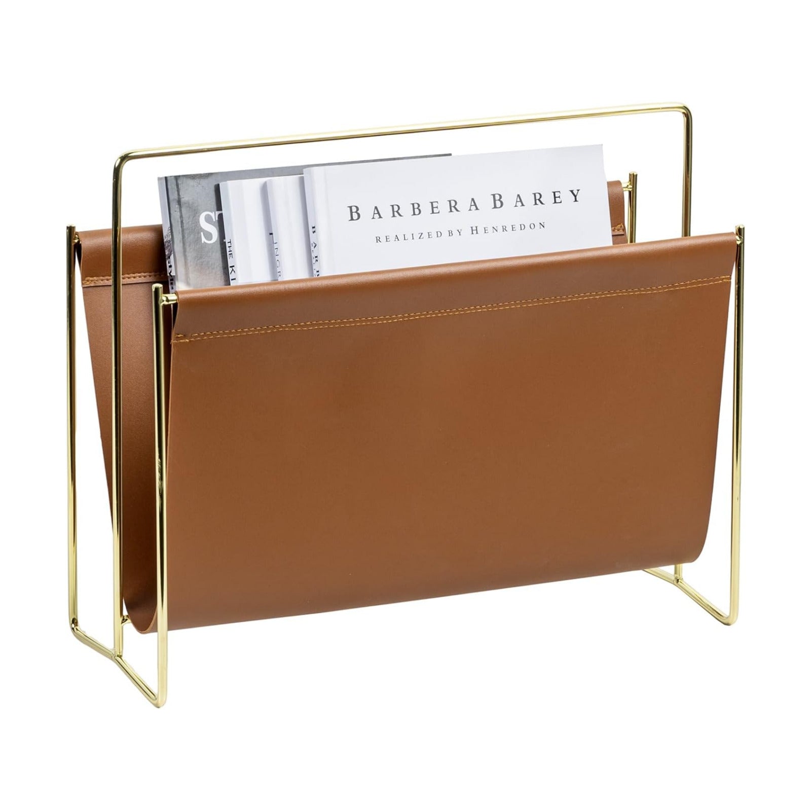 MyGift 15-Inch Magazine Holder Brown Leatherette Sling & Brass Plated Metal | Modern Metal Frame Faux Leather Sling