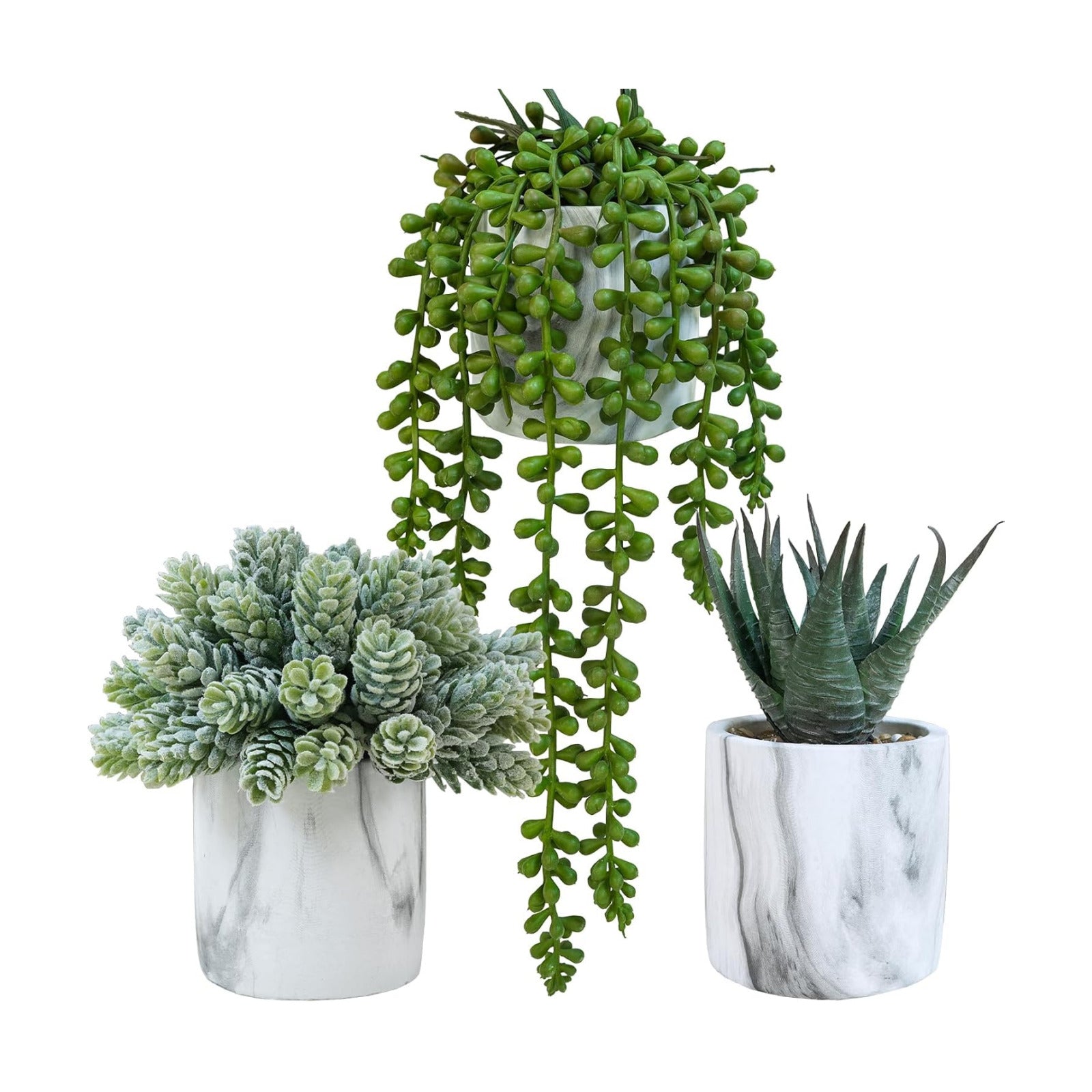 Small Artificial Succulent Potted Plants Fake Aloe Hops String of Pearls in Modern Marble / Set of 3