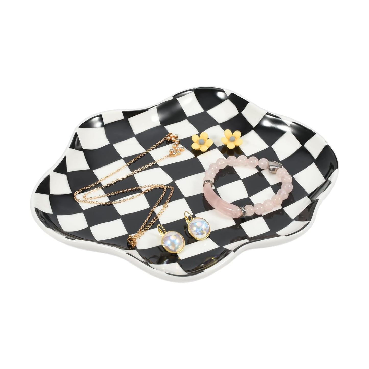 Ceramic Jewelry Dish Trinket Tray Organizer / Black and White Checkerboard