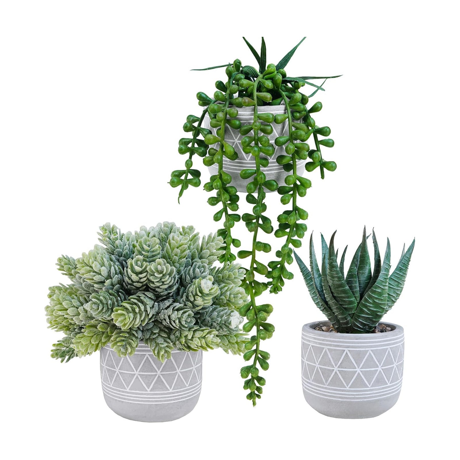Mini Faux Succulent Potted Plants Artificial Aloe Hops String of Pearls Fake / Gray / Set of 3