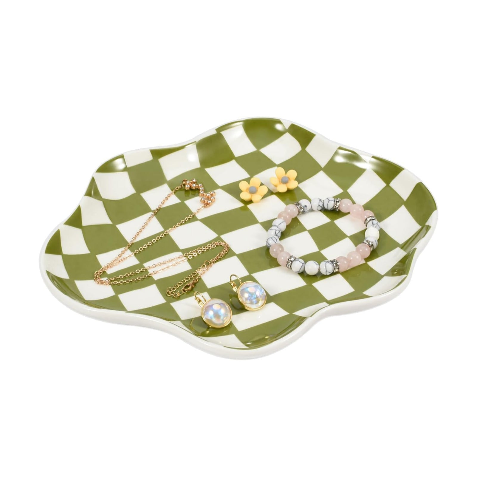 Ceramic Jewelry Dish Trinket Tray Organizer / Green Plaid