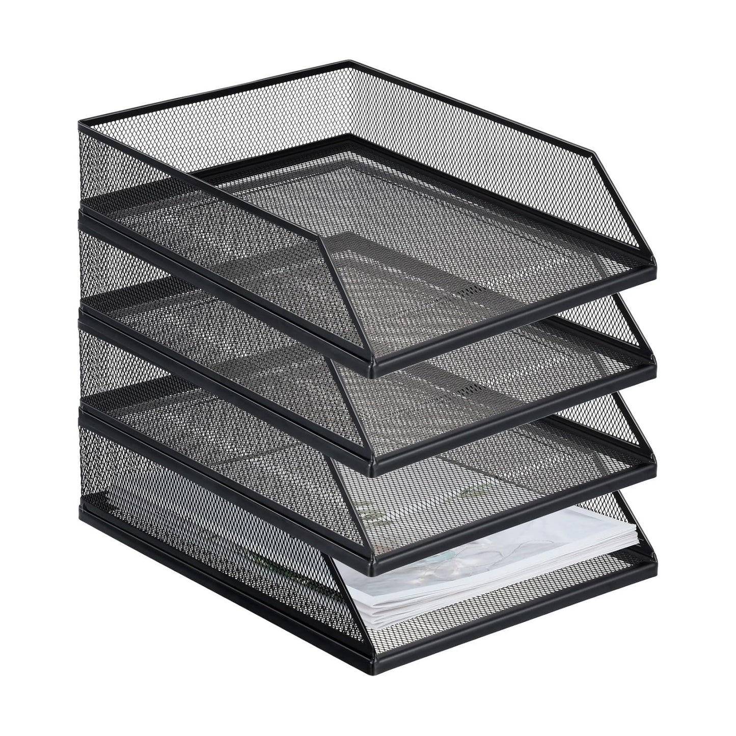 Hicarer 4 Pcs Black Metal Letter Tray Stackable Desk Tray Single Wire Mesh Organizer Front Load File Paper Holder for