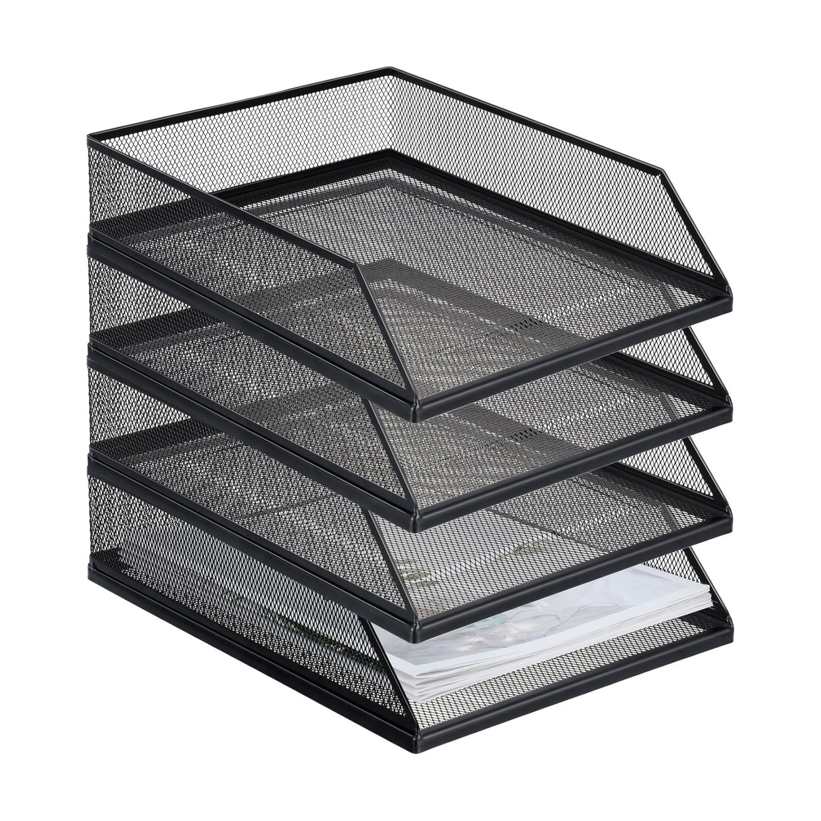 Hicarer 4 Pcs Black Metal Letter Tray Stackable Desk Tray Single Wire Mesh Organizer Front Load File Paper Holder for