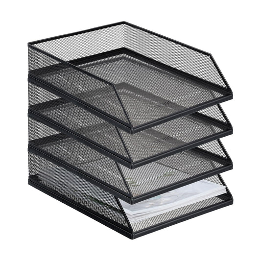 Hicarer 4 Pcs Black Metal Letter Tray Stackable Desk Tray Single Wire Mesh Organizer Front Load File Paper Holder for