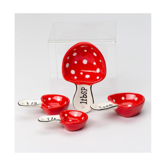 Fine Ceramic Woodland Fairy Mushroom Measuring Spoons / Red / Set of 4