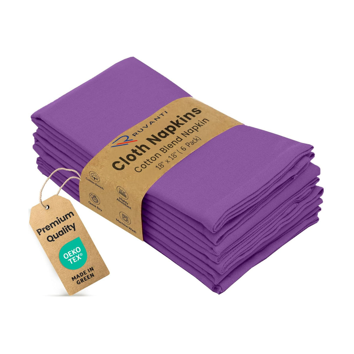 Ruvanti Cloth Napkins Set of 6, Cotton Enrich 18”x18” - Purple