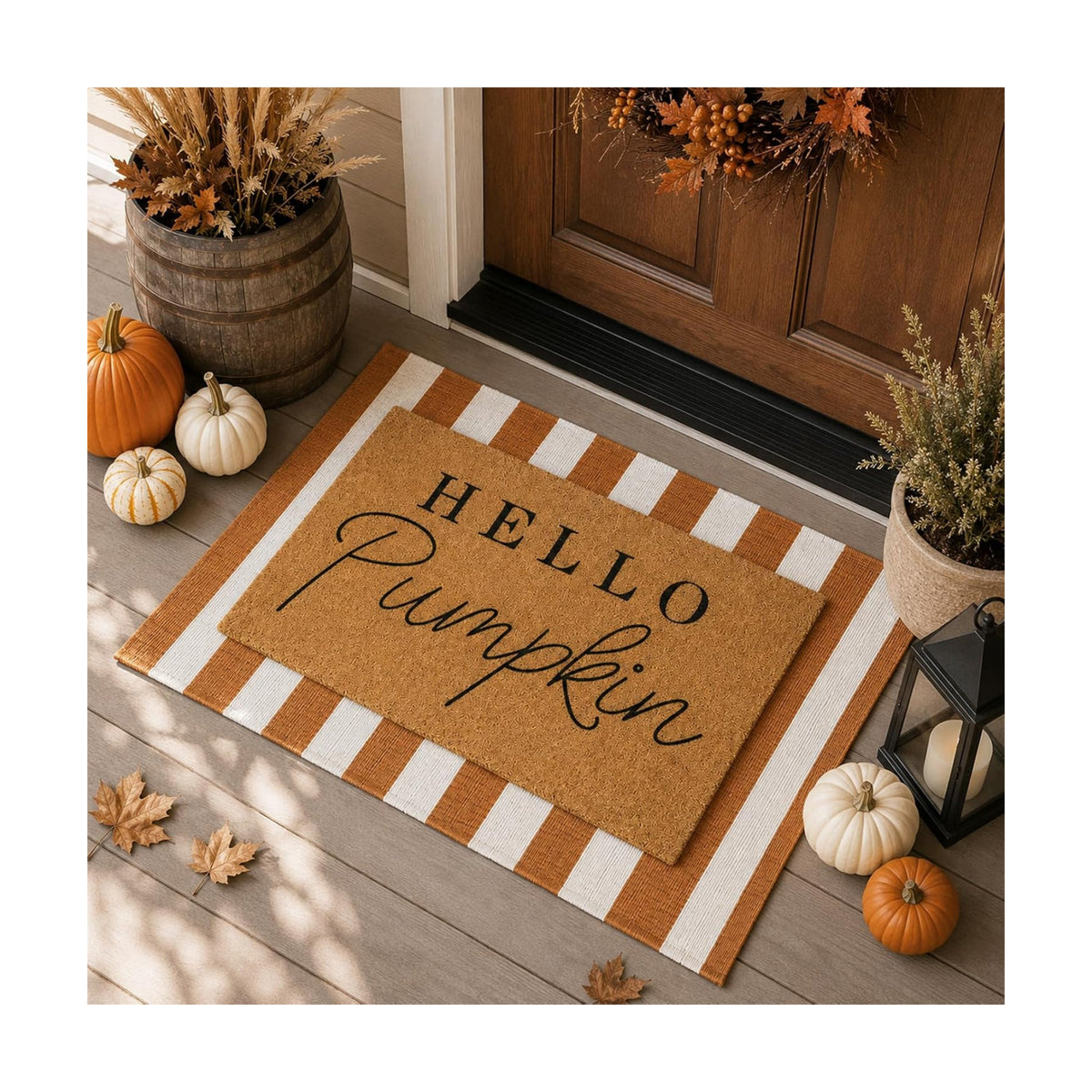 Tinideya 2 Pcs Hello Pumpkin Layered Doormat Set, White Orange