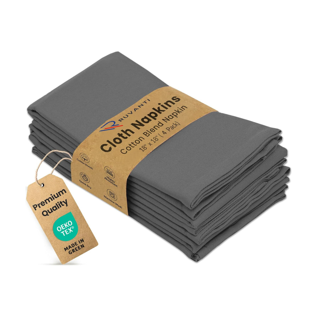 Ruvanti Cloth Napkins Set of 4, 18x18 Inches Napkins Cloth Washable, Soft, Durable, Absorbent, Cotton Blend. Table Dinner Napkins Cloth for Hotel, Lunch, Restaurant, Wedding Parties - Charcoal Grey