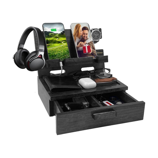 Gifts for Him Husband Boyfriend Son Men Nightstand Organizer Wood Phone Docking Station / Black