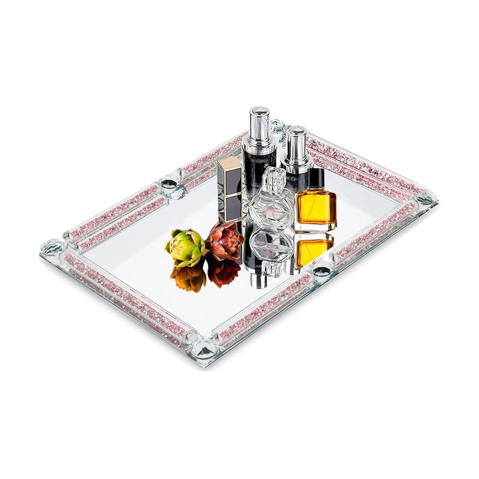 Crushed Diamond Filled Crystal Glass Tray / Rose / 11.8 x 7.9