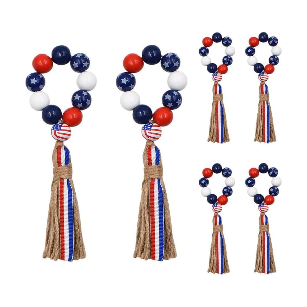Patriotic Napkin Rings Set of 6,Wood Bead Napkin Holder Ring with Rope Tassel Farmhouse Wooden Beads Garland Wall Hanging Decor for Independence Day(Patriotic Napkin Rings)