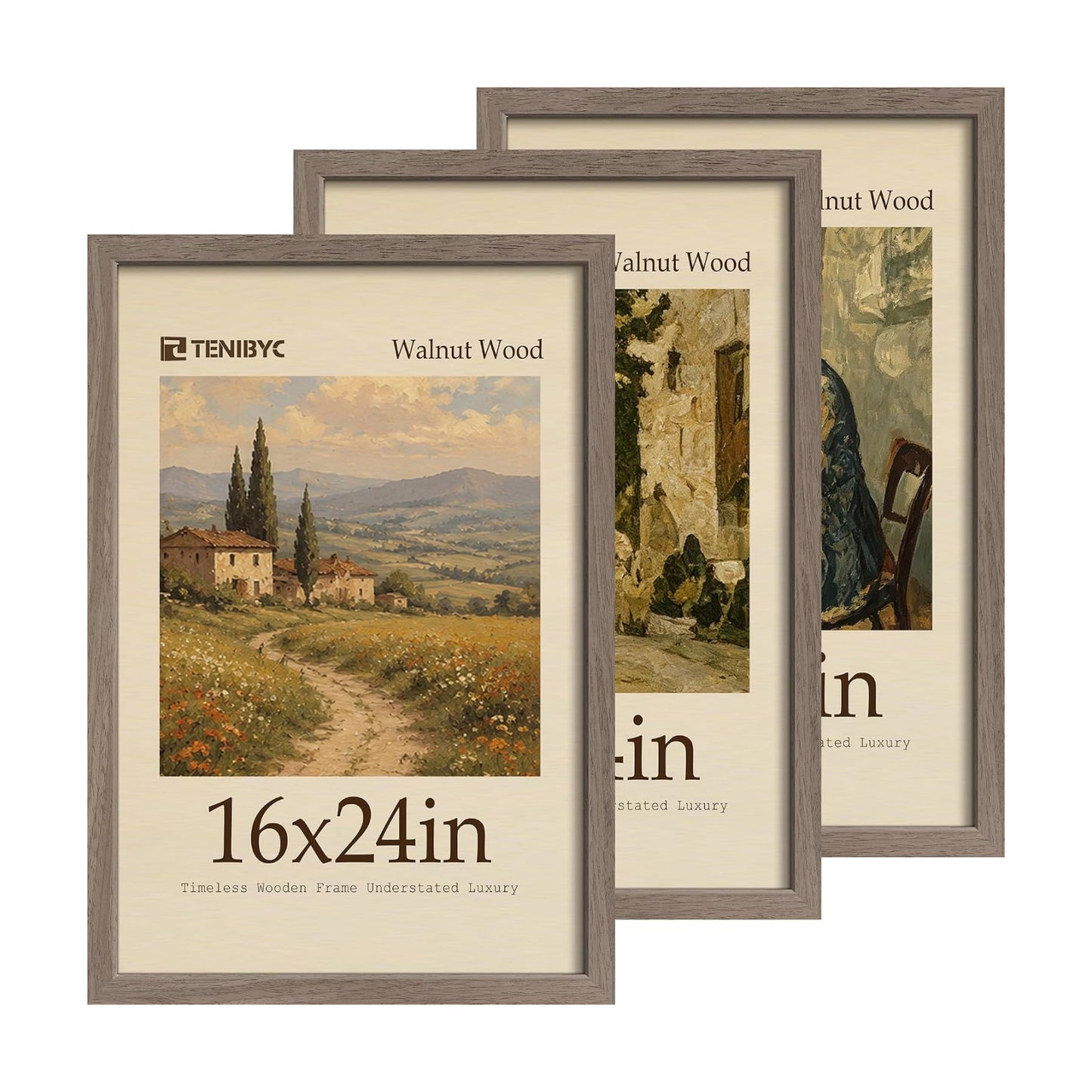 16x24 Picture Frame, Walnut Wood, 3 Pack, Wall for Photos | 1.2mm HD Plexiglass, Large Movie Poster Frame, Horizontal