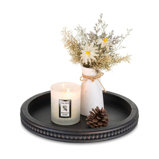 Modern Farmhouse Beaded Round Tray Decor Rich Dark Brown Circle Wooden / 11.8 / Vintage Black