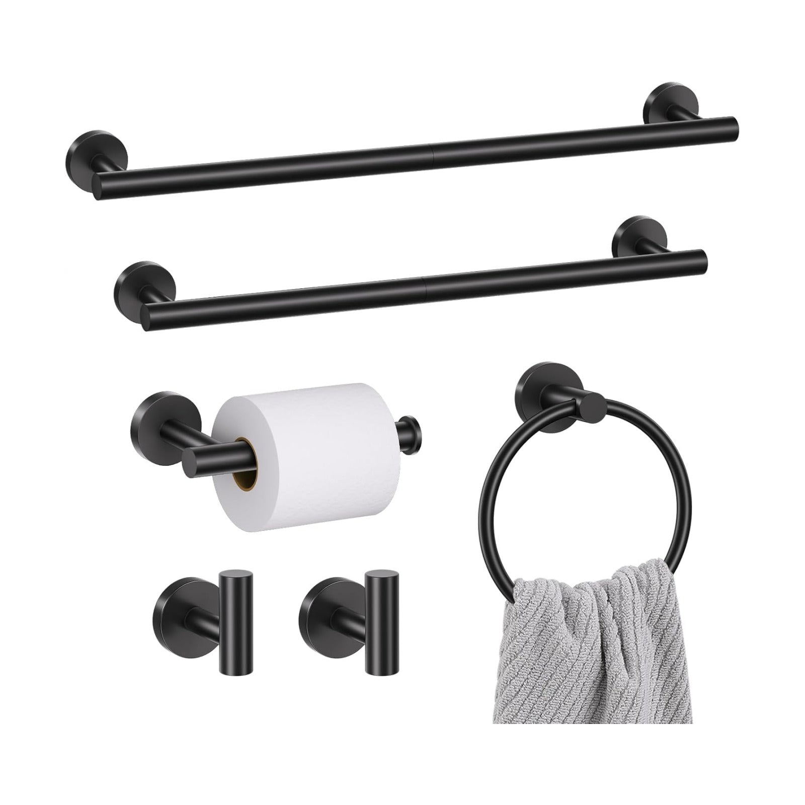 6 Pieces Matte Black Towel Bar Bathroom Hardware Set, 23.6Inch Matte Black Bathroom Accessories Towel Holder Set