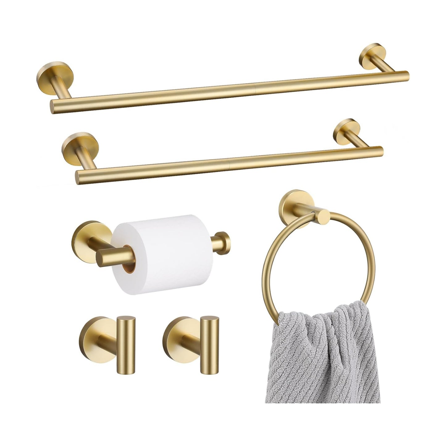 6 Pieces Brushed Gold Towel Bar Bathroom Hardware Set, 23.6Inch Brushed Gold Bathroom Accessories Towel Holder Set