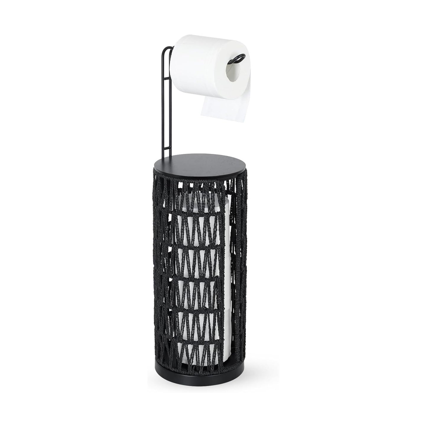 Black Freestanding Toilet Paper Holder with Storage,3 Rolls of Tissue Holder for Bathroom,Handmade Woven Toilet Paper