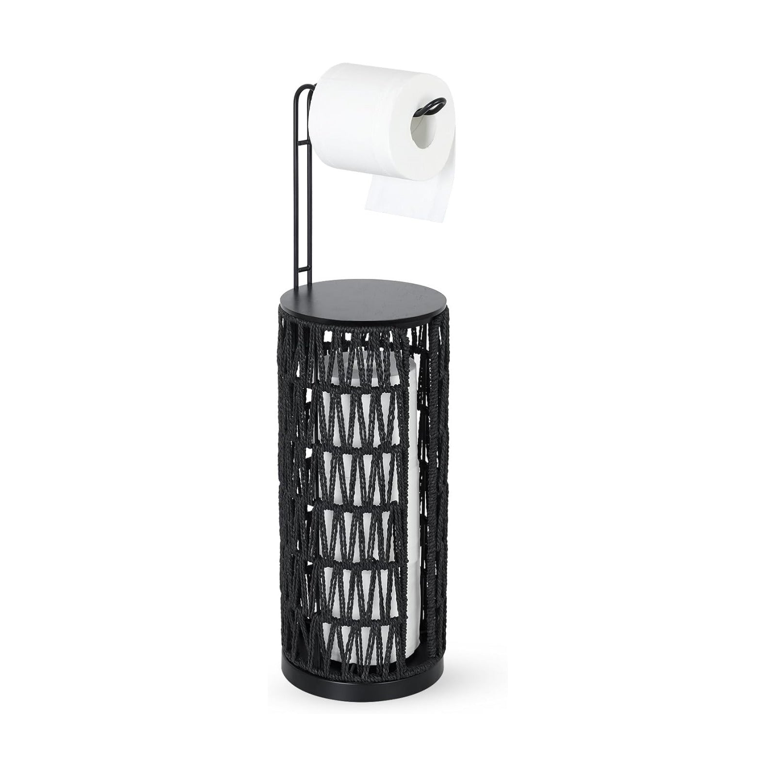 Black Freestanding Toilet Paper Holder with Storage,3 Rolls of Tissue Holder for Bathroom,Handmade Woven Toilet Paper