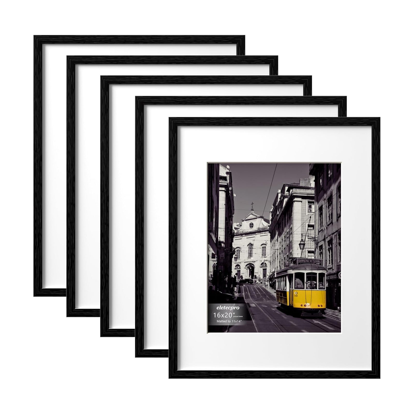 eletecpro 16x20 Picture Frames, Acrylic Cover, Black, Set of 5 | Display Photo 11x14 with Mat or 16x20 without