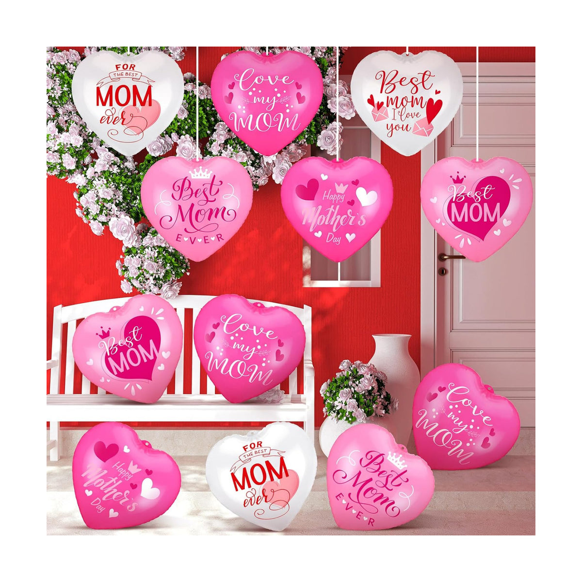 18 Pcs Happy Mother's Day Inflatable Heart Yard Decorations Large Mother's Day Heart Inflatable Hanging Ornament Giant PVC Outdoor Decoration for Mothers Day Garden Lawn Party