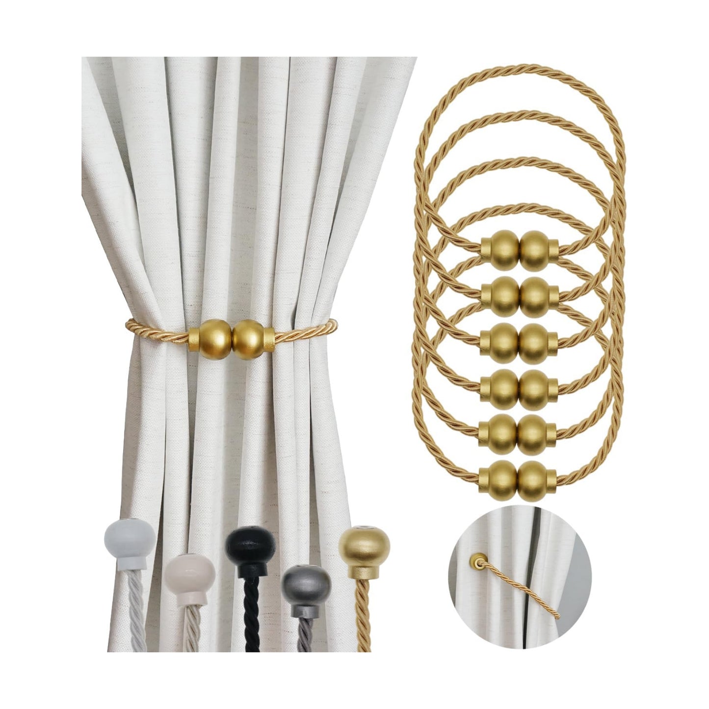 6Pcs Magnetic Curtain Tiebacks Modern Handmade Rope Curtain Tie Backs Gold | Decorative Drapes Weave Holdbacks for Home