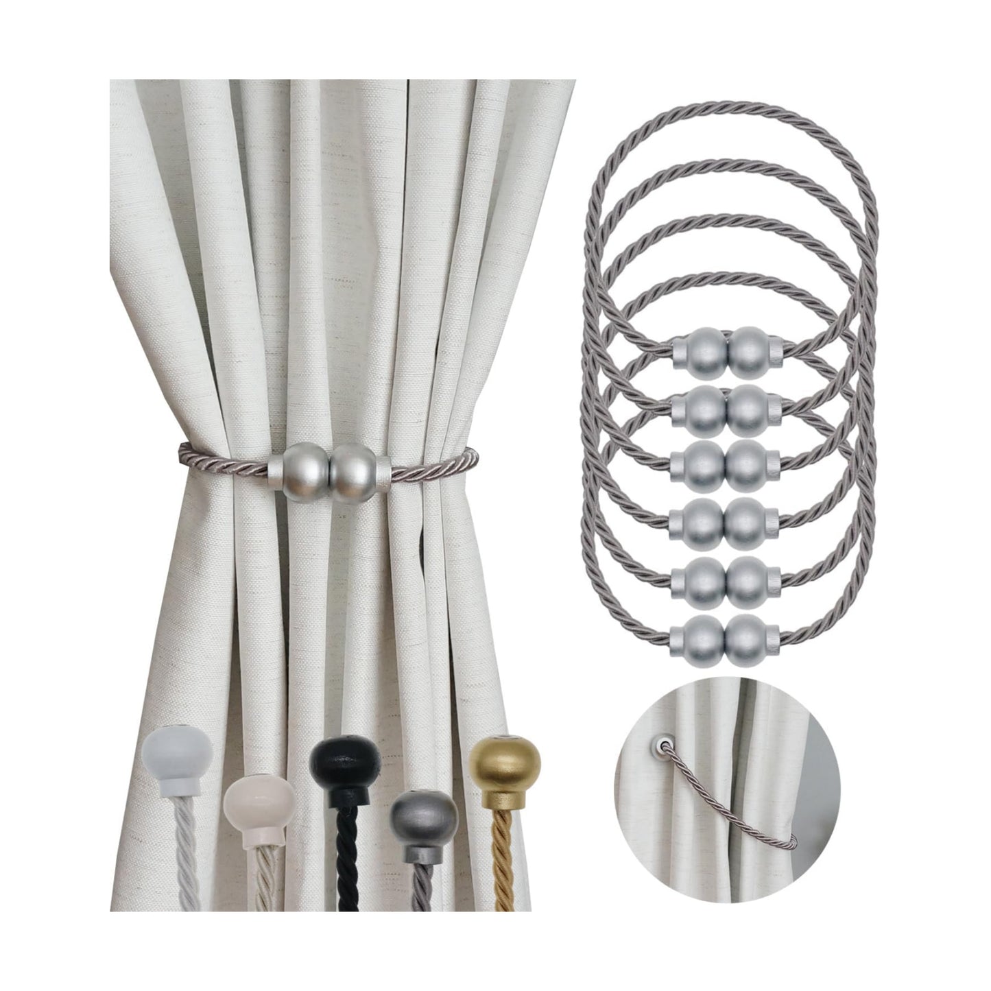 6Pcs Magnetic Curtain Tiebacks Modern Handmade Rope Curtain Tie Backs Grey | Decorative Drapes Weave Holdbacks for Home