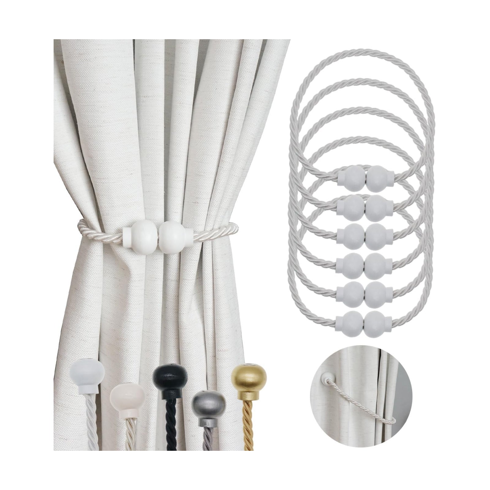 6Pcs Magnetic Curtain Tiebacks Modern Handmade Rope Curtain Tie Backs White | Decorative Drapes Weave Holdbacks for