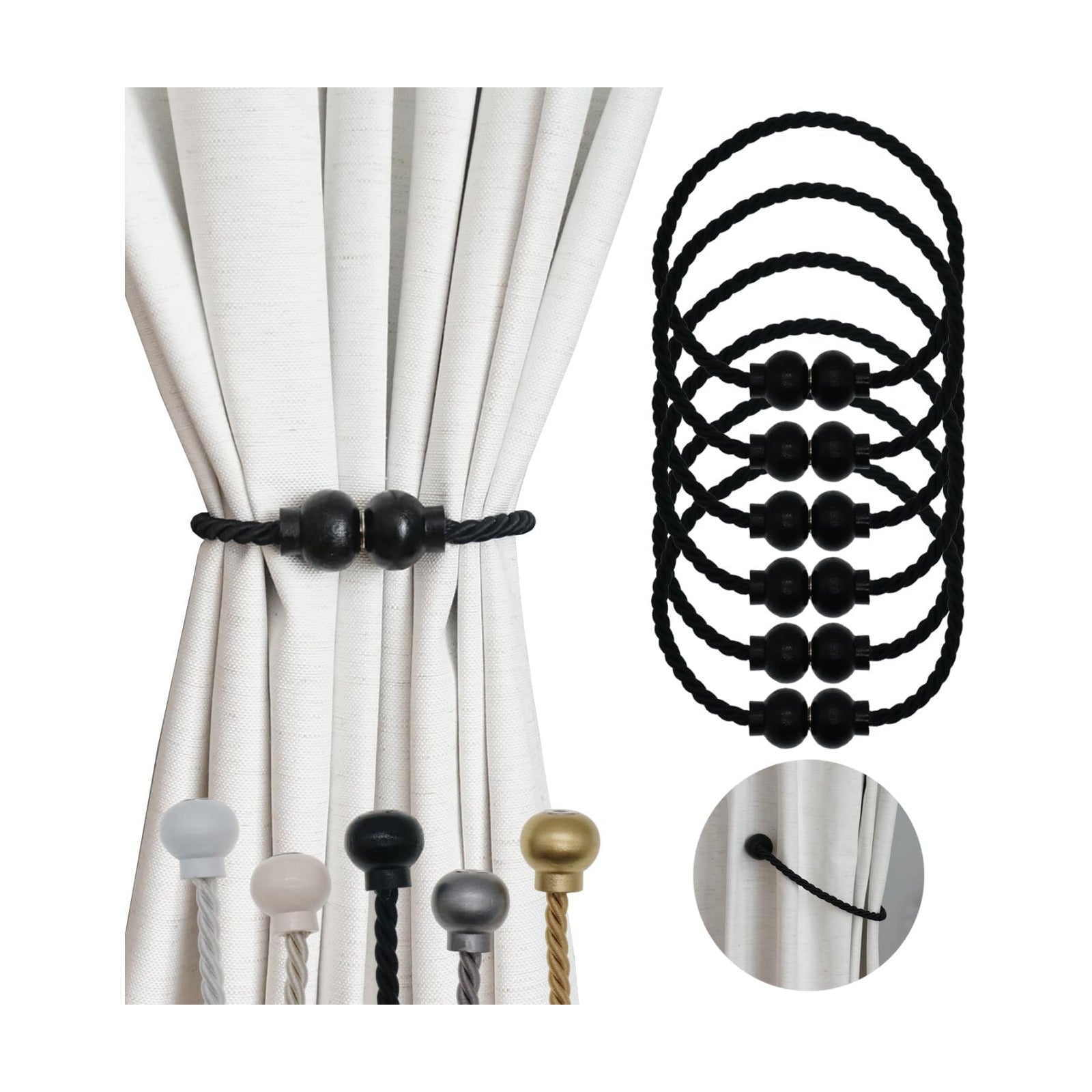 6Pcs Magnetic Curtain Tiebacks Modern Handmade Rope Curtain Tie Backs Black | Decorative Drapes Weave Holdbacks for