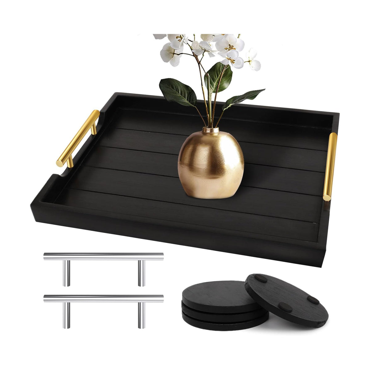 SXNOWS Wood Serving Tray with 2 Sets of Handles,Black
