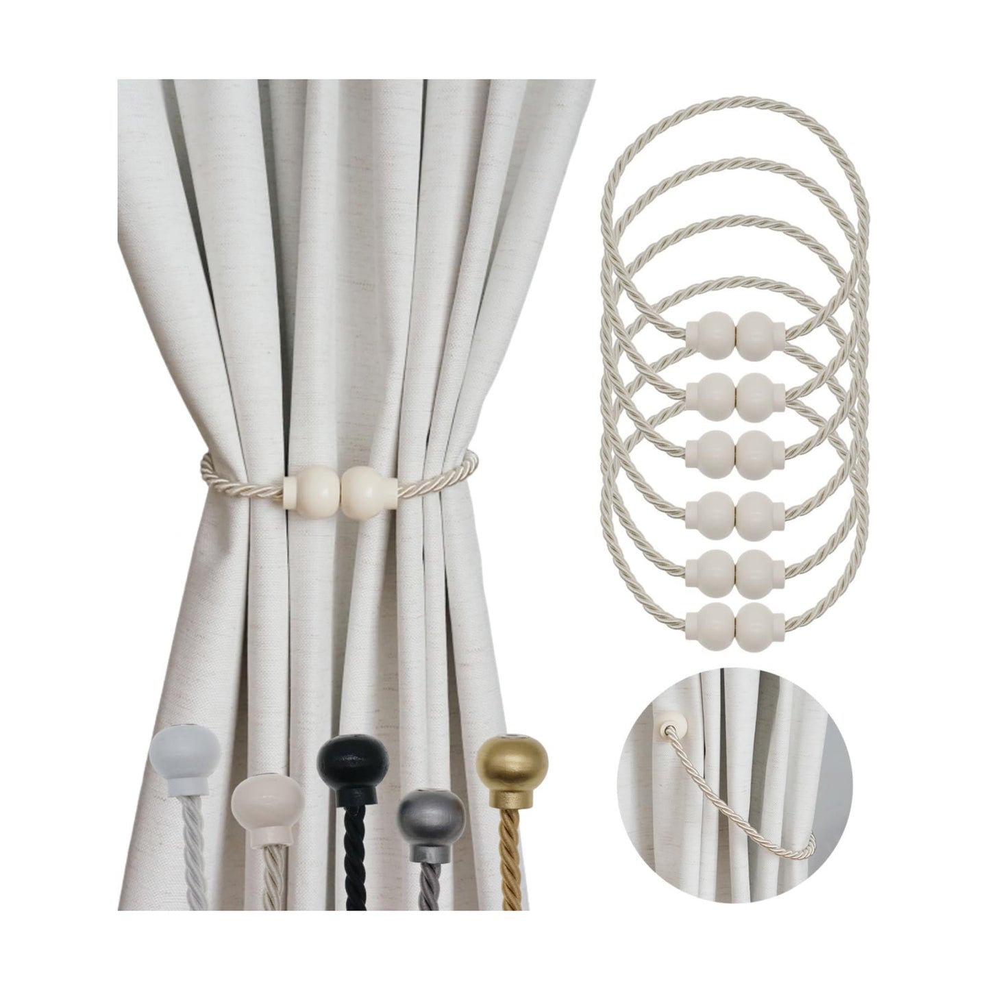 6Pcs Magnetic Curtain Tiebacks Modern Handmade Rope Curtain Tie Back Beige | Decorative Drapes Weave Holdbacks for Home
