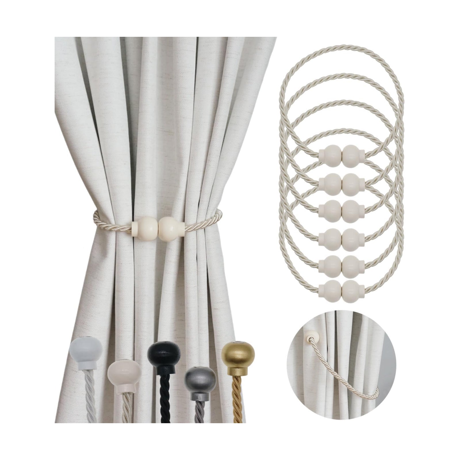 6Pcs Magnetic Curtain Tiebacks Modern Handmade Rope Curtain Tie Back Beige | Decorative Drapes Weave Holdbacks for Home