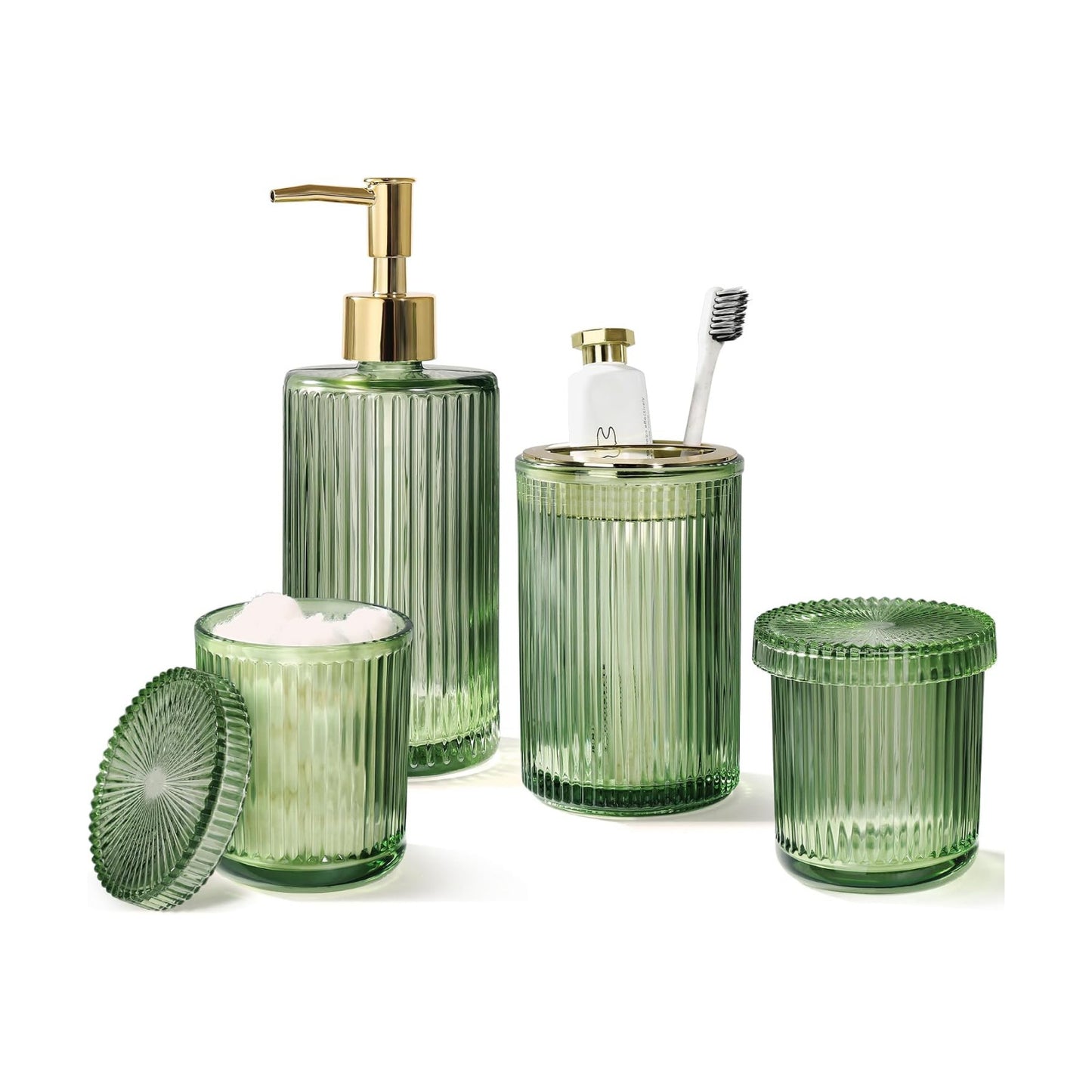 Green Glass Bathroom Accessories 4 Pcs, Green Bathroom Set, Soap Dispenser and Toothbrush Holder Set, Qtip Holder Set