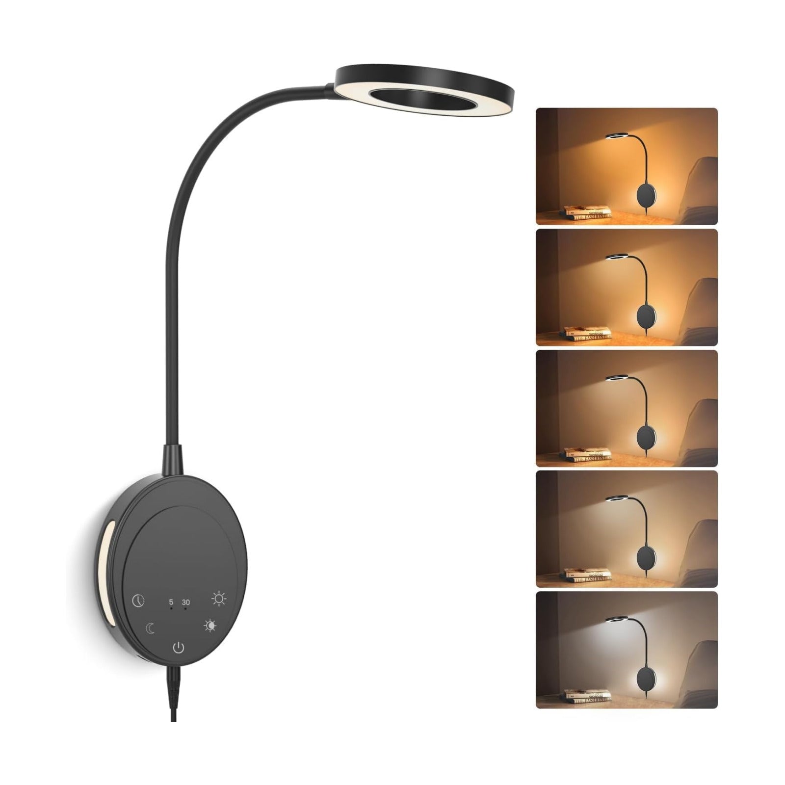 Wall Mounted Reading Light, Bedside Headboard Lights with 5 Color Temperature & 5 Dimming, 360 Flexible Gooseneck, USB