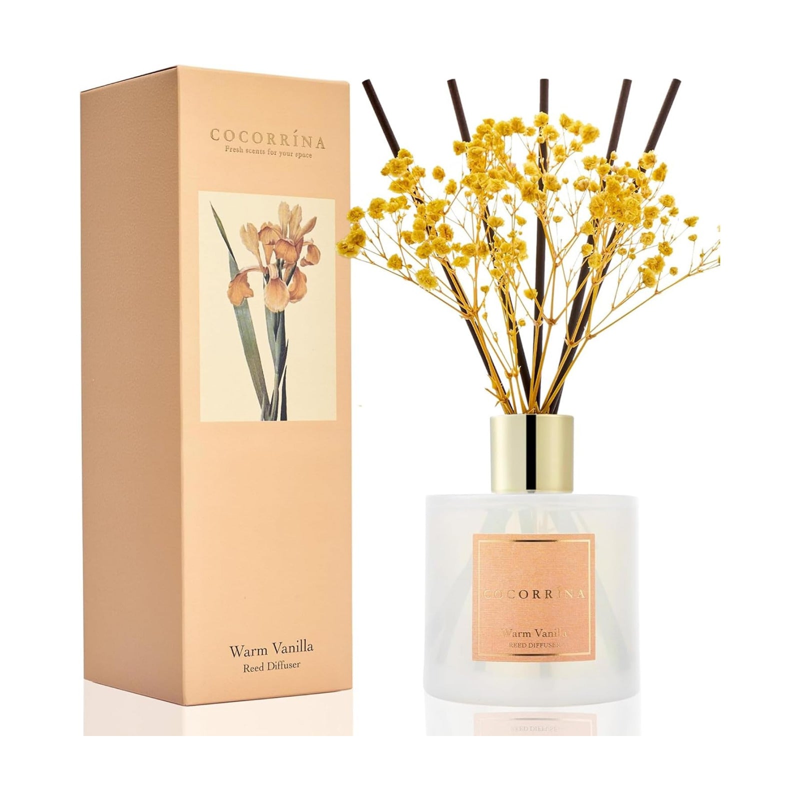 Cocorrína Reed Diffuser - Warm Vanilla Scented Diffuser with 8 Sticks Home Fragrance Reed Diffuser for Bathroom Shelf