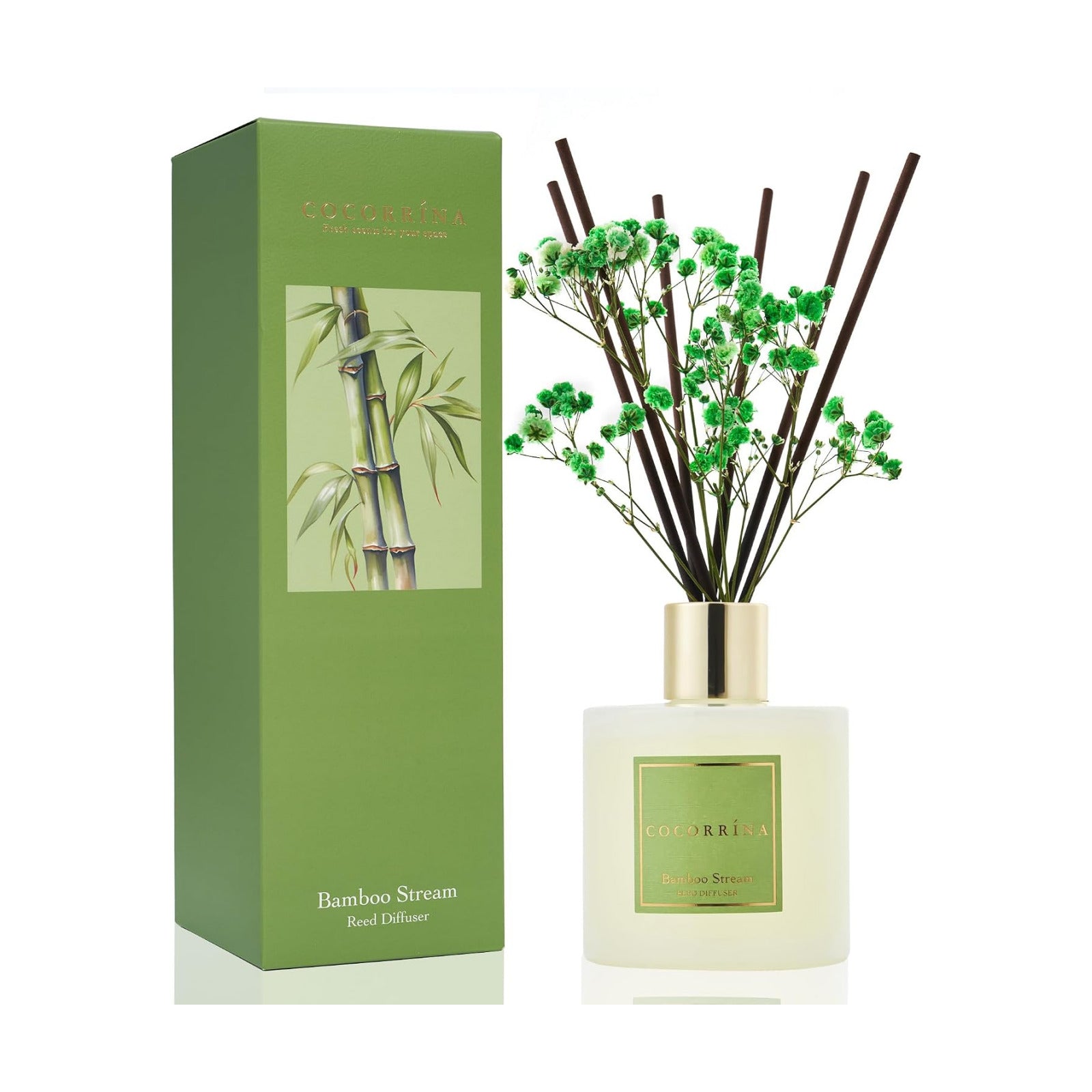 Cocorrína Reed Diffuser - Bamboo Stream Scented Diffuser with 8 Sticks Home Fragrance Reed Diffuser for Bathroom Shelf