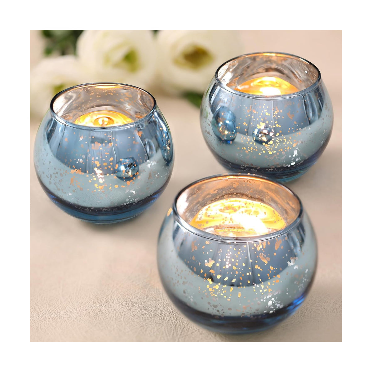 Volens 24PCS Blue Votive Candle Holder Bulk, Round Mercury Glass Votives