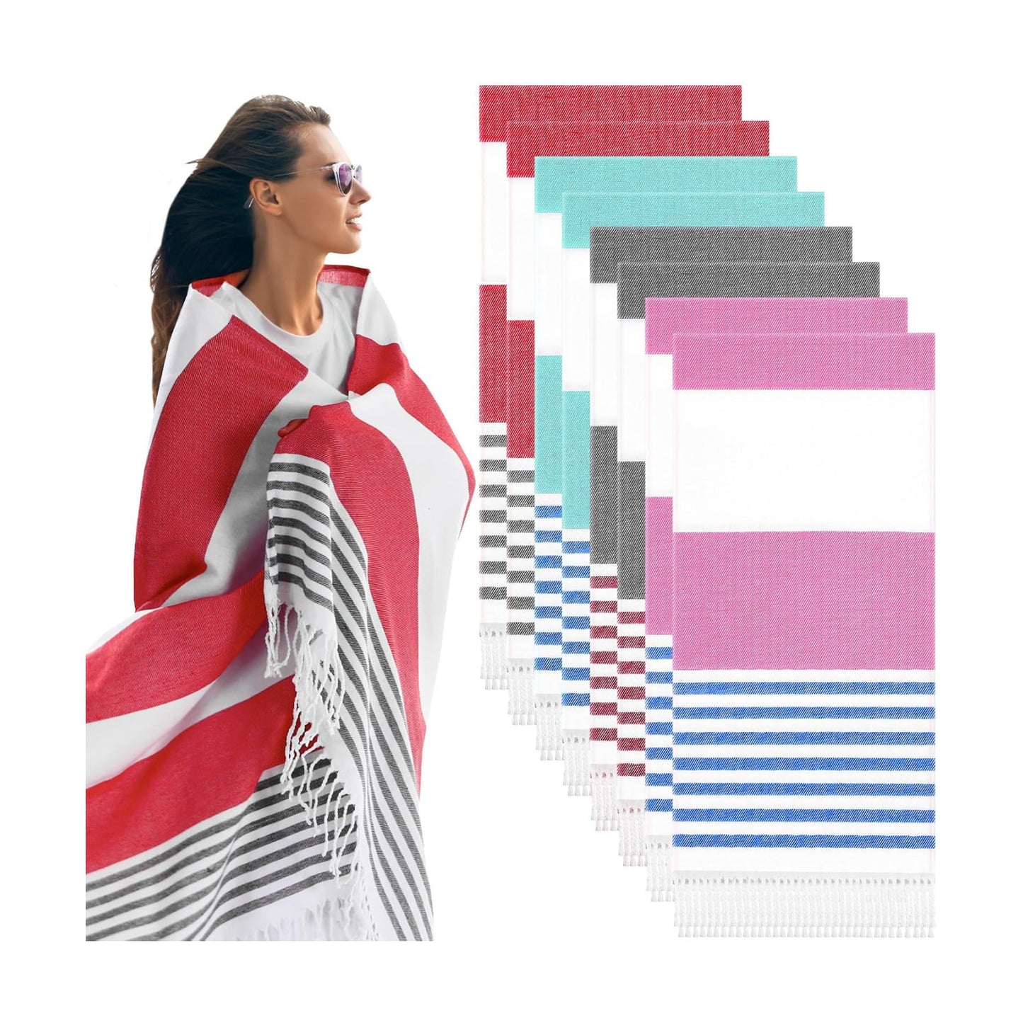 Peryiter 8 Pcs Cotton Turkish Beach Towels Bulk Oversized 39 x 71 in Quick Dry Sand Free Extra Large Turkish Towels for