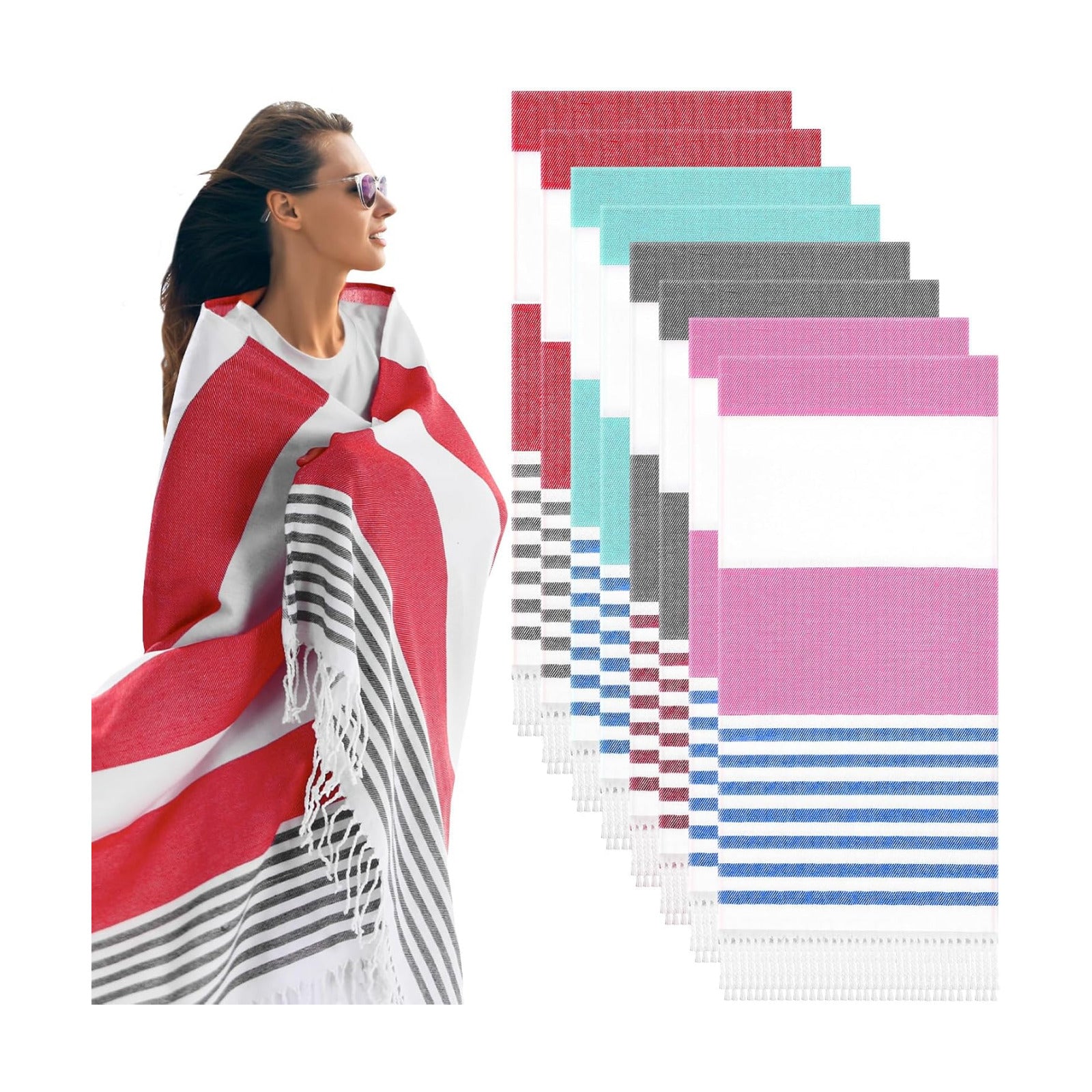Peryiter 8 Pcs Cotton Turkish Beach Towels Bulk Oversized 39 x 71 in Quick Dry Sand Free Extra Large Turkish Towels for