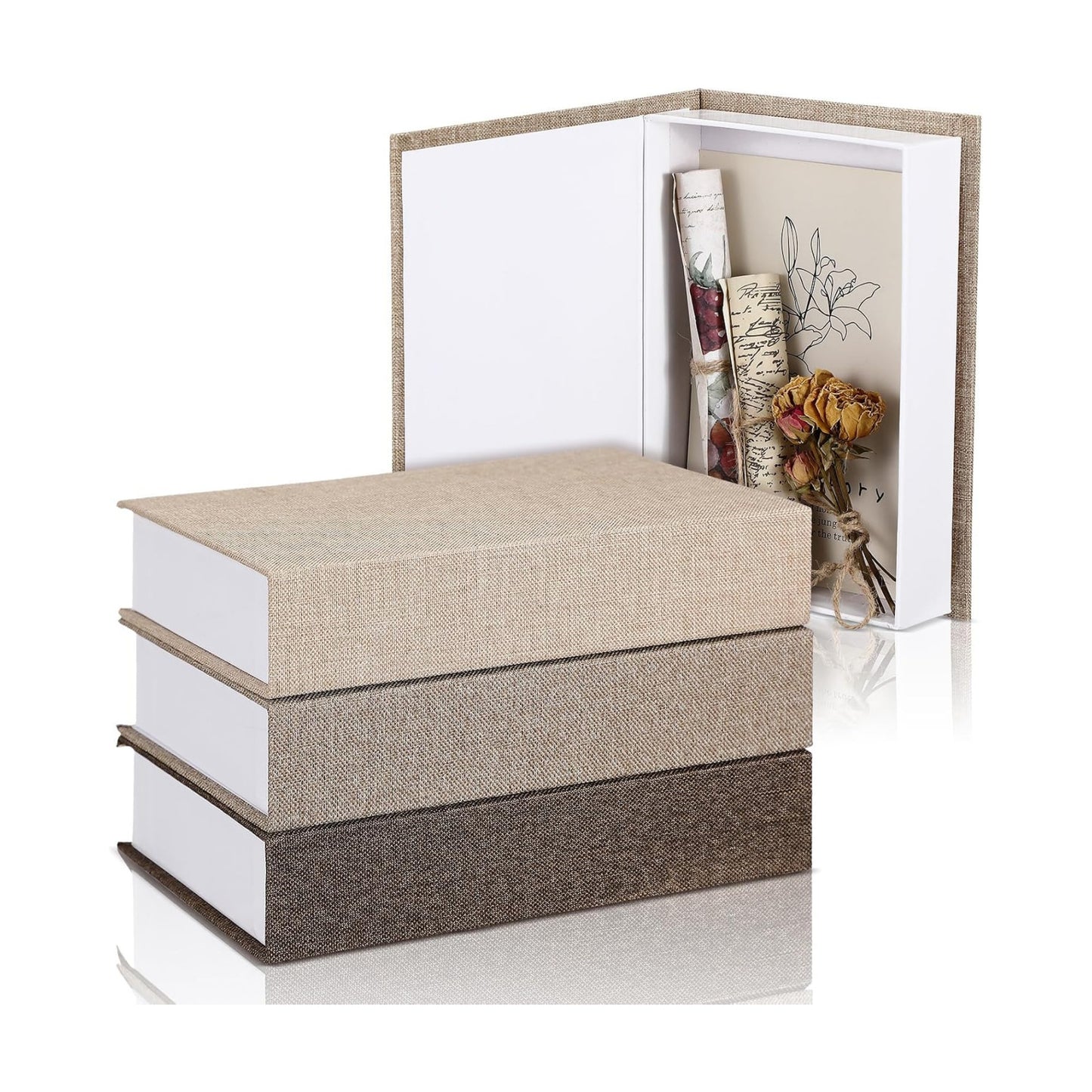 Fake Book Box Neutral Linen Book Box / 8.6 x 6.1 x 1.8 / Khaki, Dark Coffee, Light Coffee / Set of 3