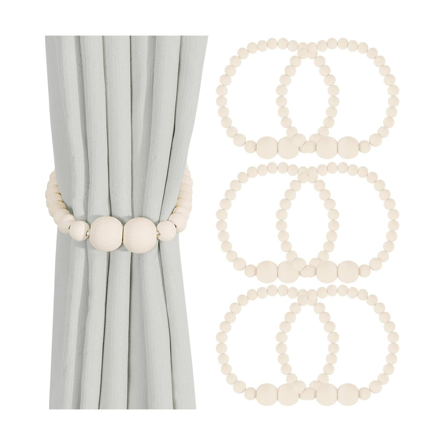 KLOGTSIND Magnetic Curtain Tiebacks, 6 Pack Wood Bead Curtain Holdbacks | Curtain Holders for Bedroom Decor, Boho Room